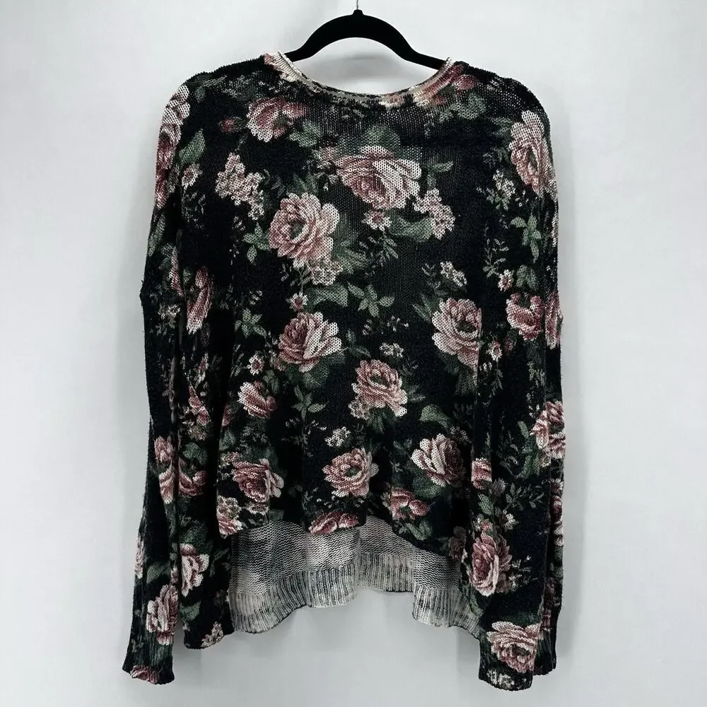 Show Me Your Mumu Bonfire Floral Sweater Size M Loose Knit Black‎ Pink Romantic